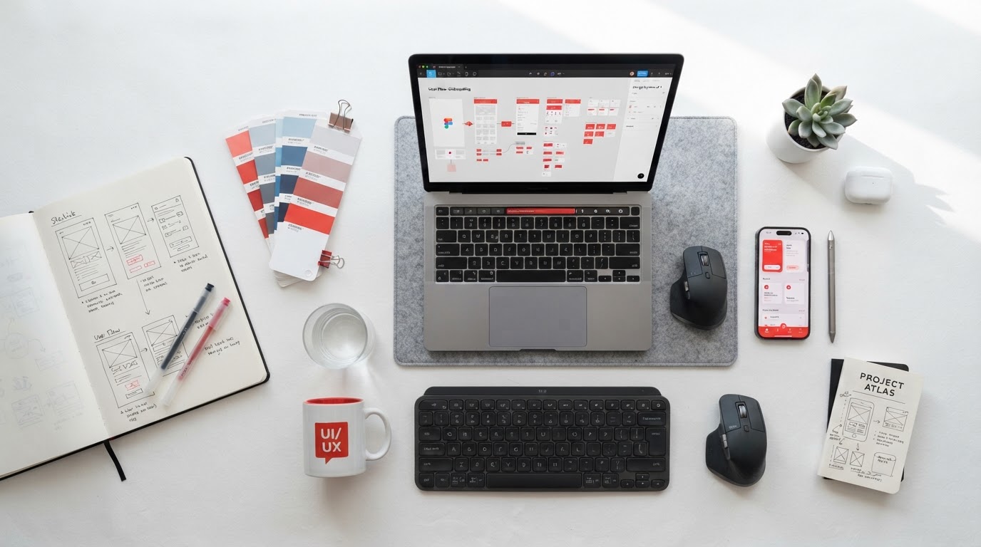 Professional design workspace with UI/UX tools, color swatches, and wireframe sketches