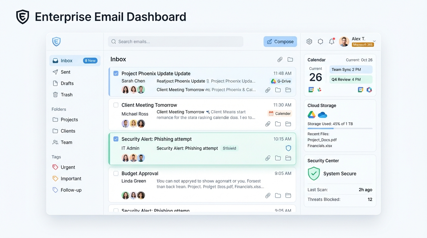 Business email communication dashboard with calendar and cloud integration