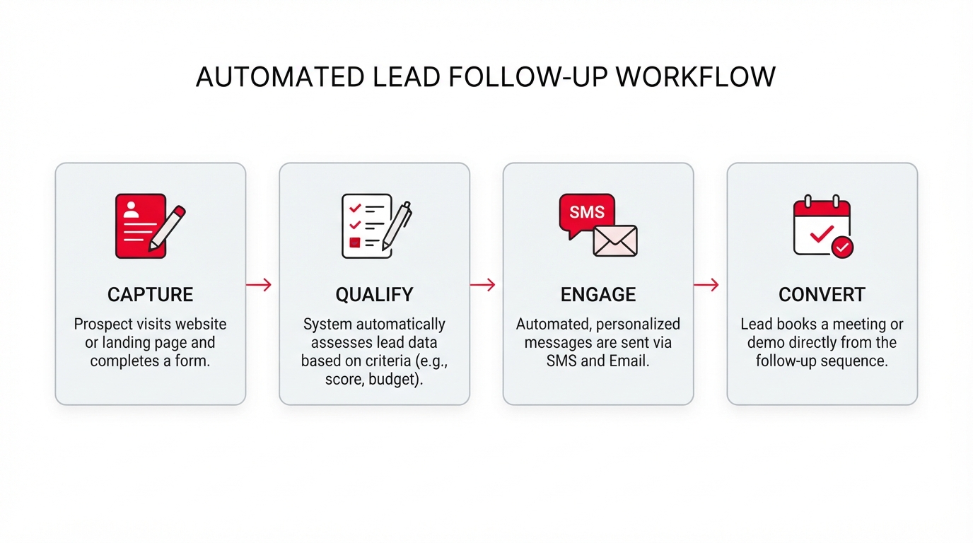 Automated lead follow-up workflow showing instant engagement, nurture sequences, and sales alerts