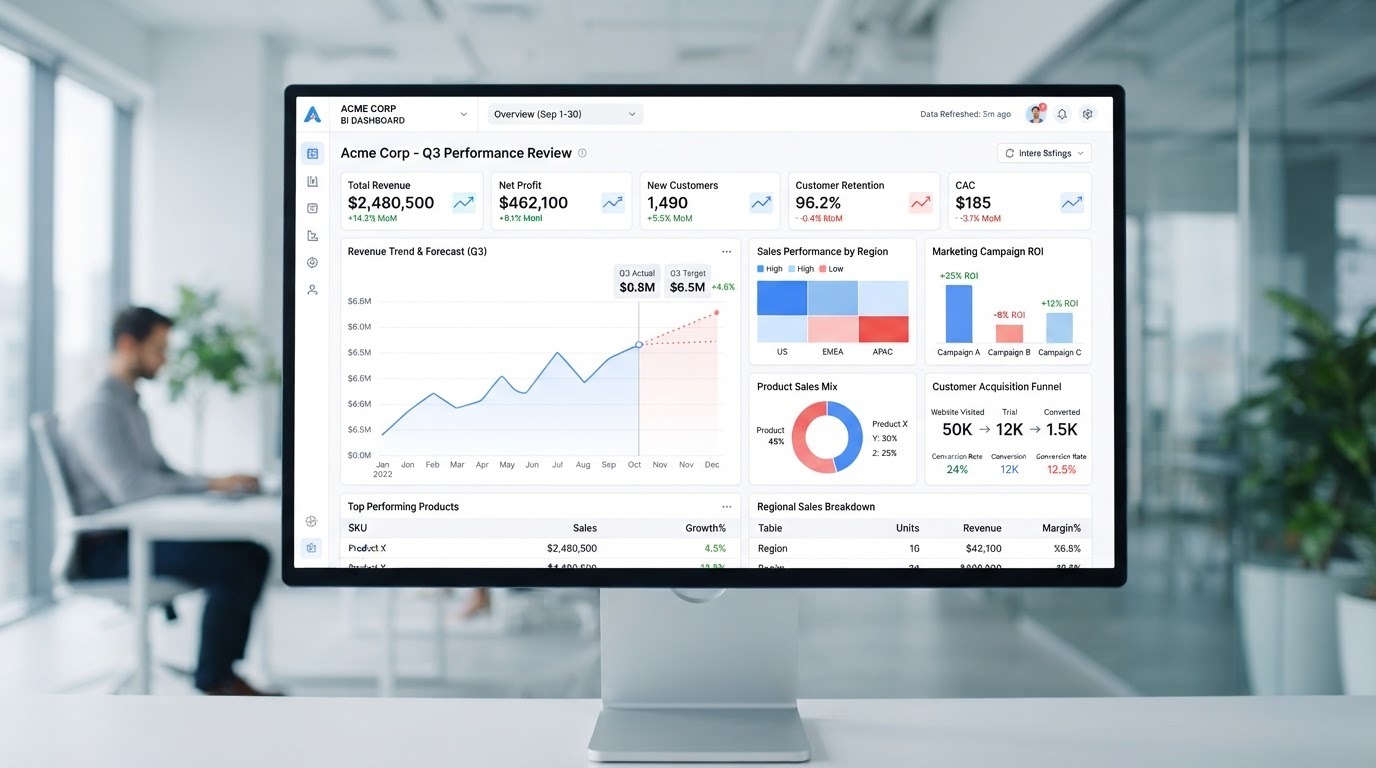 Business analytics dashboard with KPIs, charts, and growth metrics for data-driven decision making
