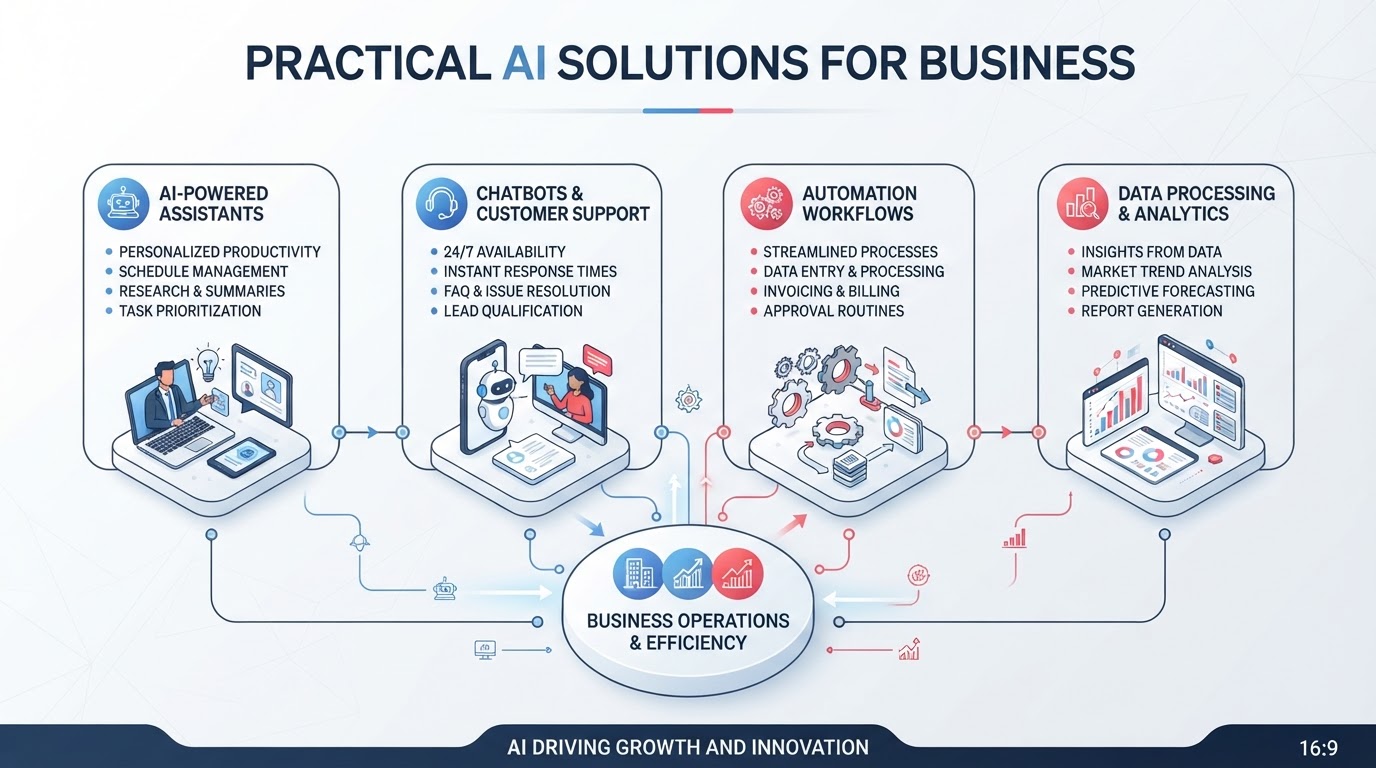Practical AI solutions for business operations including chatbots, automation and data processing