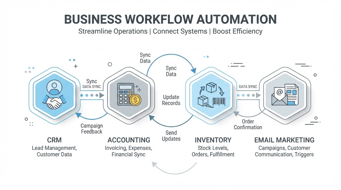 Business workflow automation connecting CRM, accounting, email and inventory systems