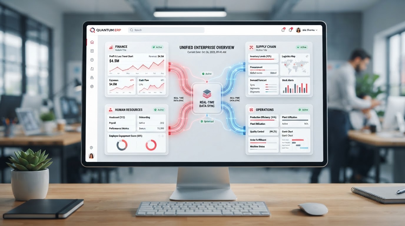 Unified ERP dashboard connecting finance, supply chain, HR and operations