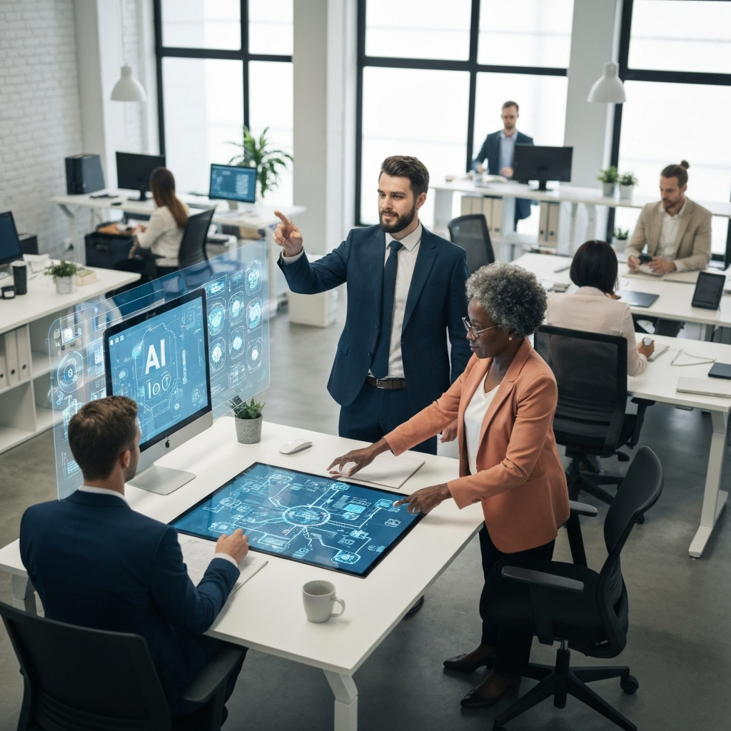Professional engineers analyzing AI and IoT integration data on a modern enterprise dashboard
