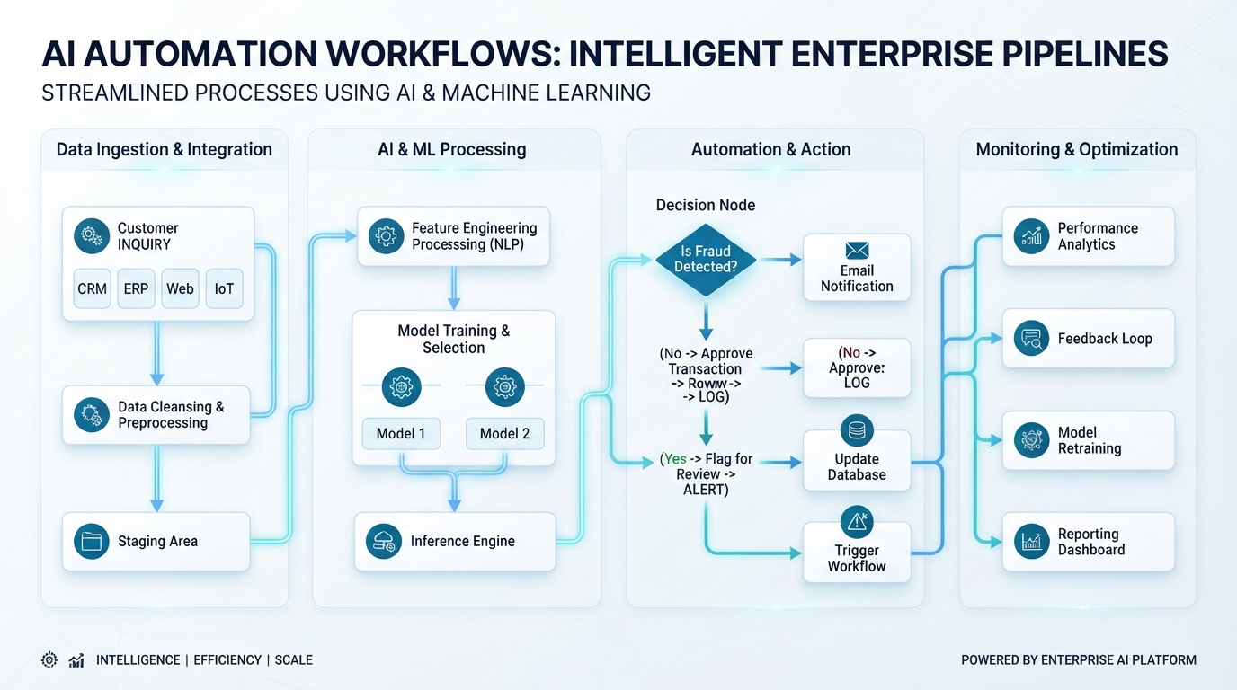 AI automation workflow diagram with intelligent decision trees and process flows