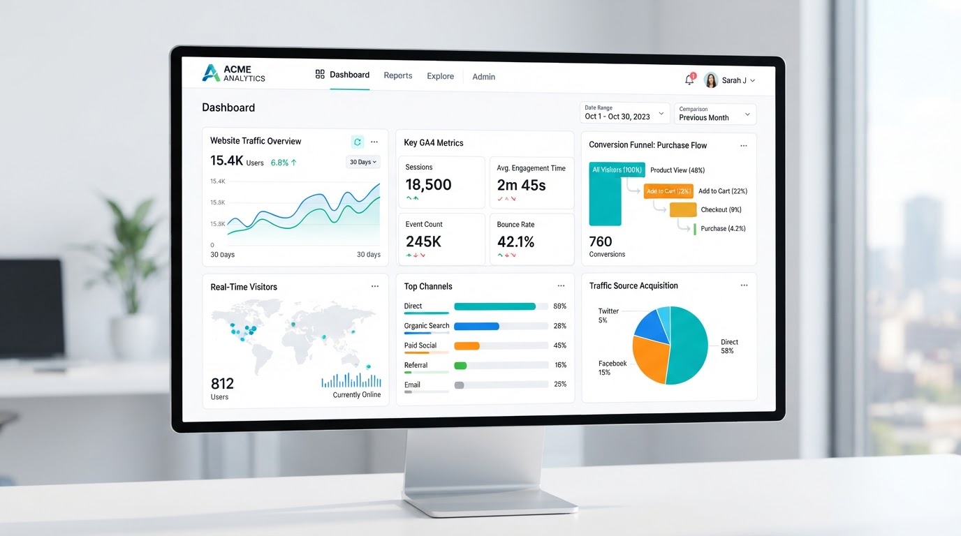 Web analytics dashboard with traffic charts, conversion funnels, and GA4 metrics for data-driven growth