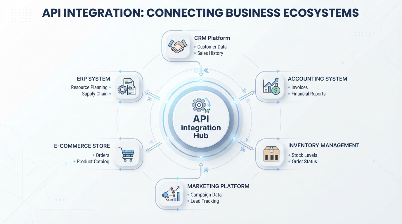 API integration connecting CRM, accounting, eCommerce and legacy systems into a unified data ecosystem