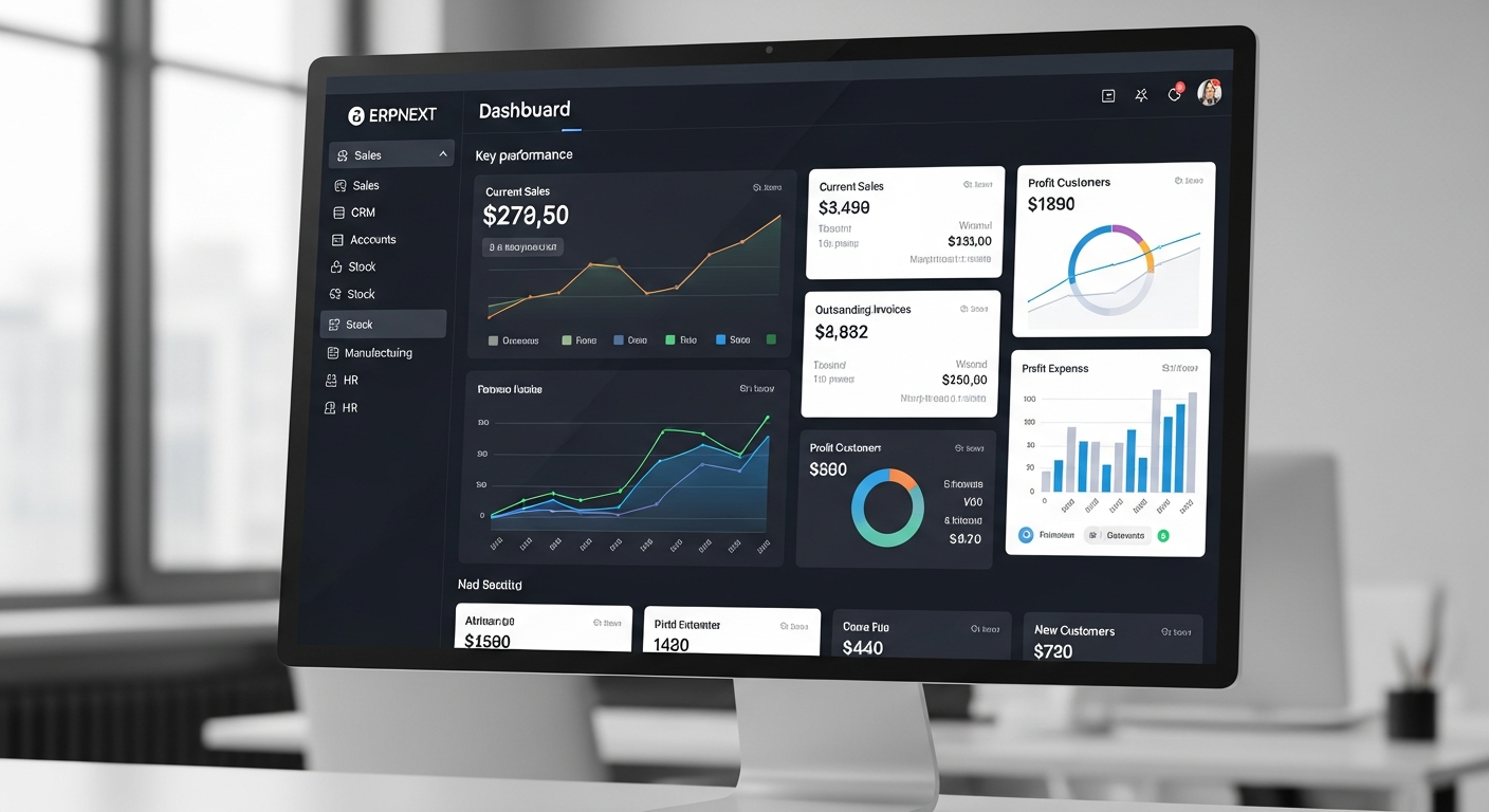 ERPNext enterprise dashboard showing business analytics, financial reports, and workflow management