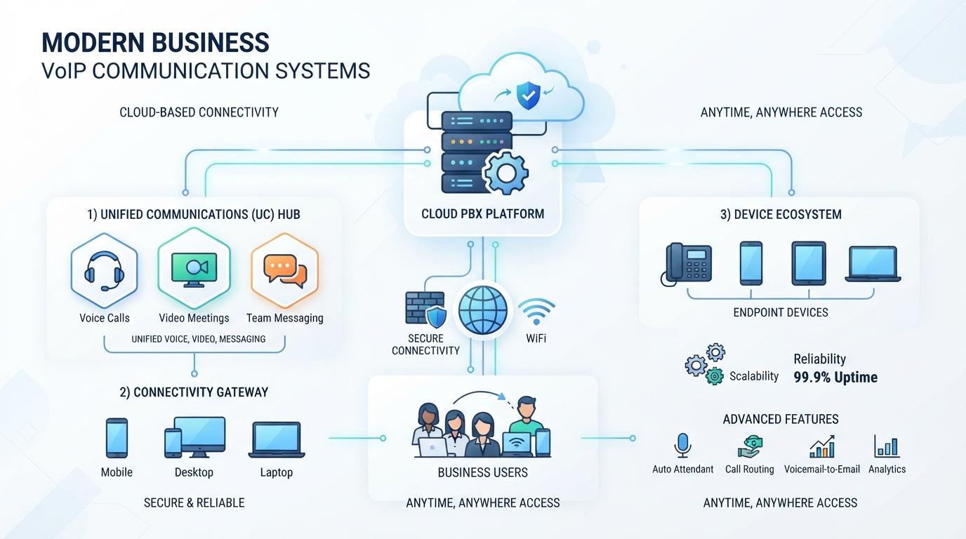 Business VoIP communication system for cloud-based phone connectivity
