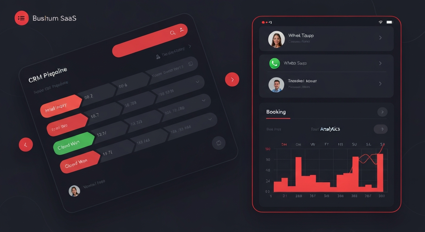 Modern SaaS-style dashboard showing CRM pipeline, WhatsApp, and analytics