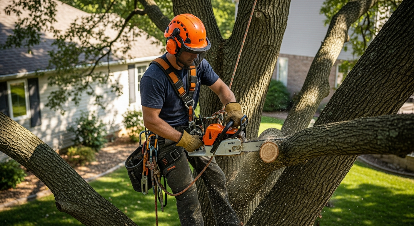 Professional arborist trimming tree