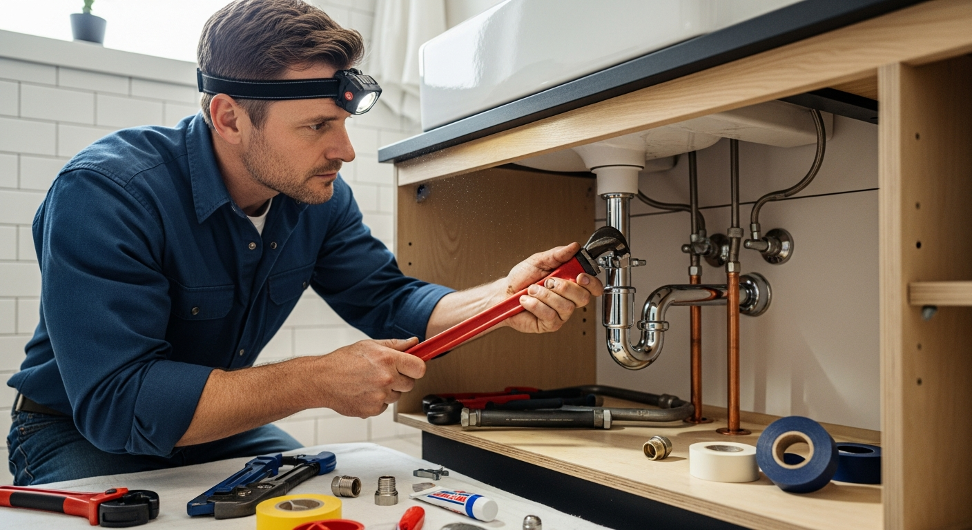 Plumber fixing pipes