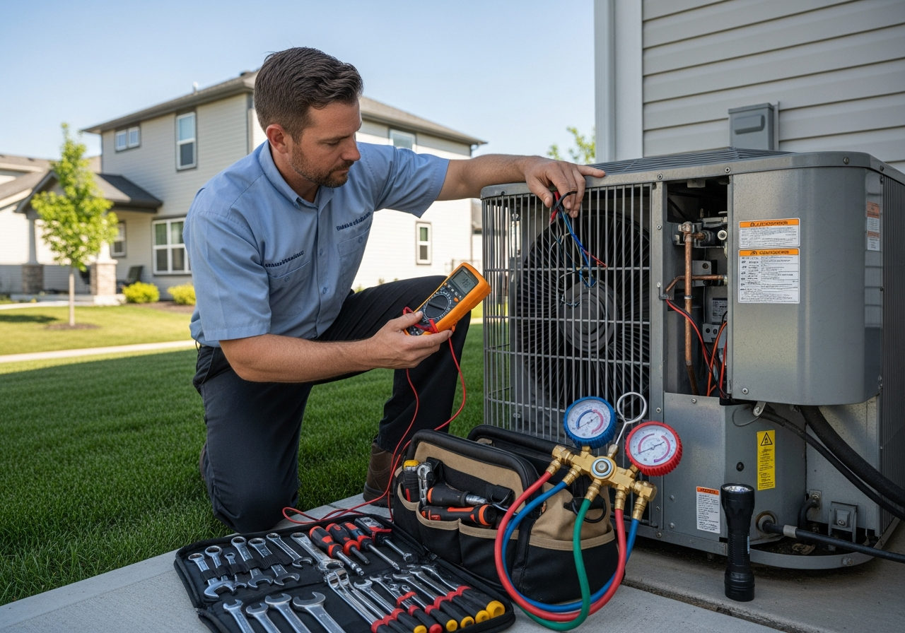 HVAC technician inspecting unit