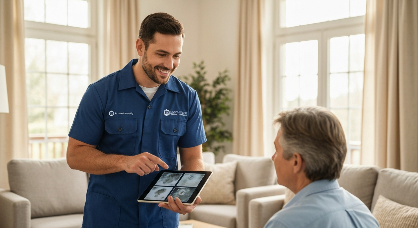 Doctor Mold Pro inspector explaining mold testing results on tablet to homeowner in Tampa Bay, FL.