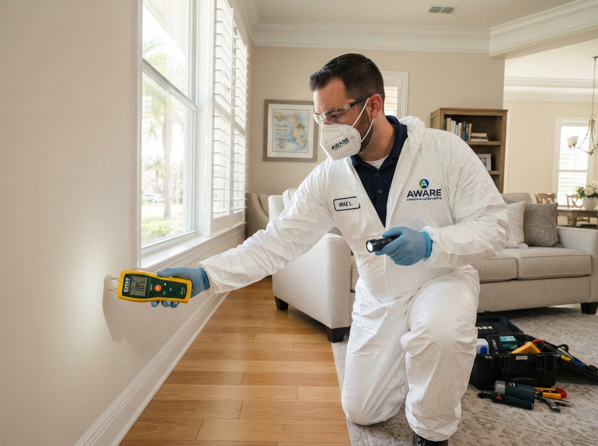 Doctor Mold Pro inspector using a moisture meter to assess a Tampa Bay property