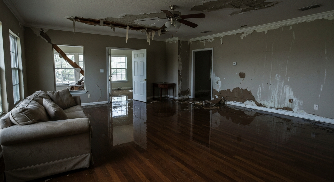 Water damage and mold growth in living room ceiling and walls, requiring mold testing and remediation in Tampa Bay.
