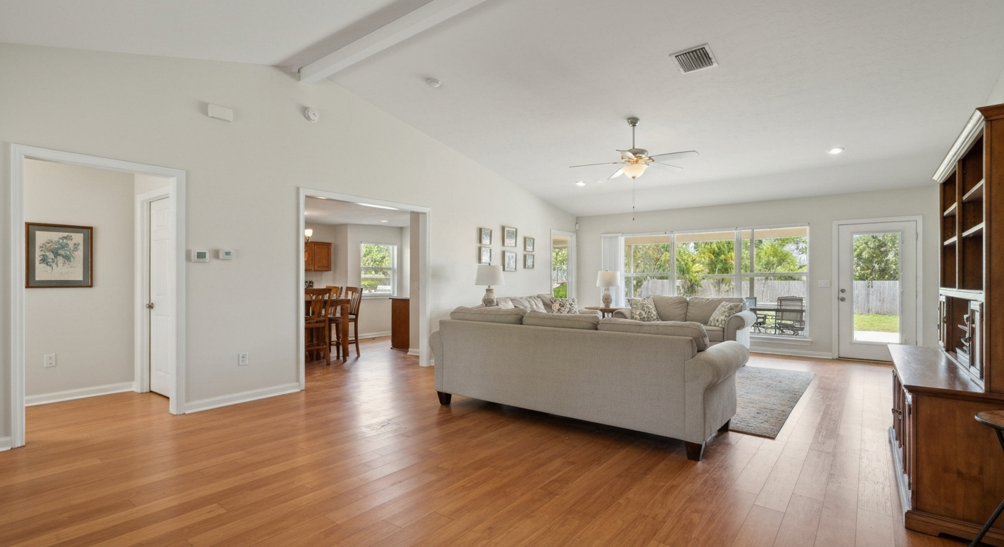 Interior living room with hardwood floors and open layout, Doctor Mold Pro inspection in Tampa Bay home.