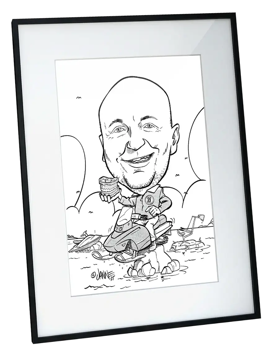 Karikatyyri hinta: 1 henkilö, kokokuva mustavalkoisena