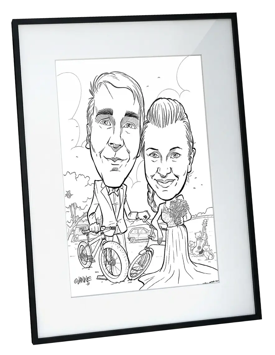 Karikatyyri hinta: 2 henkilöä, kokokuva mustavalkoisena