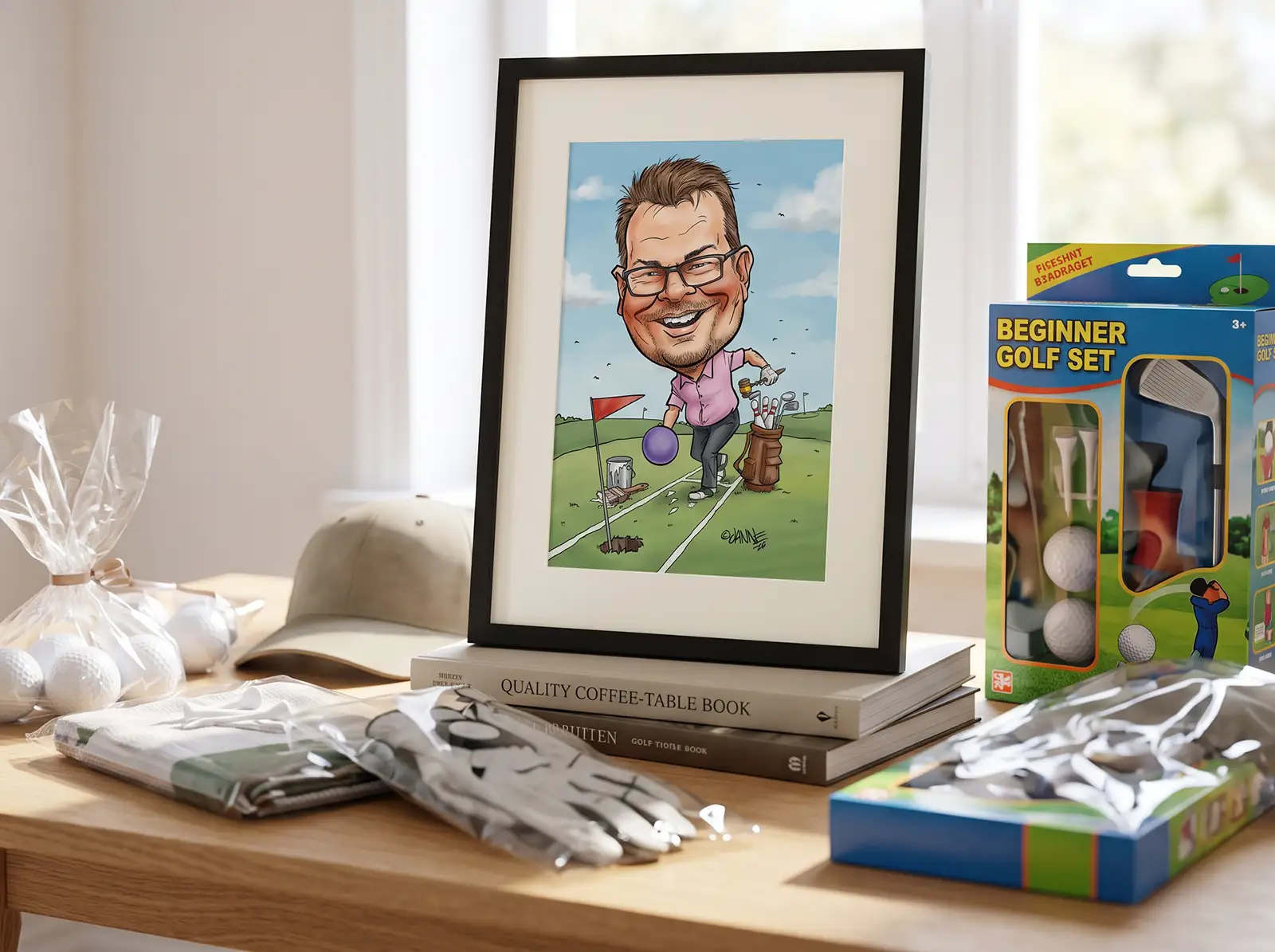 Parhaat lahjat golfarille 2026, karikatyyri golfaajasta kentällä