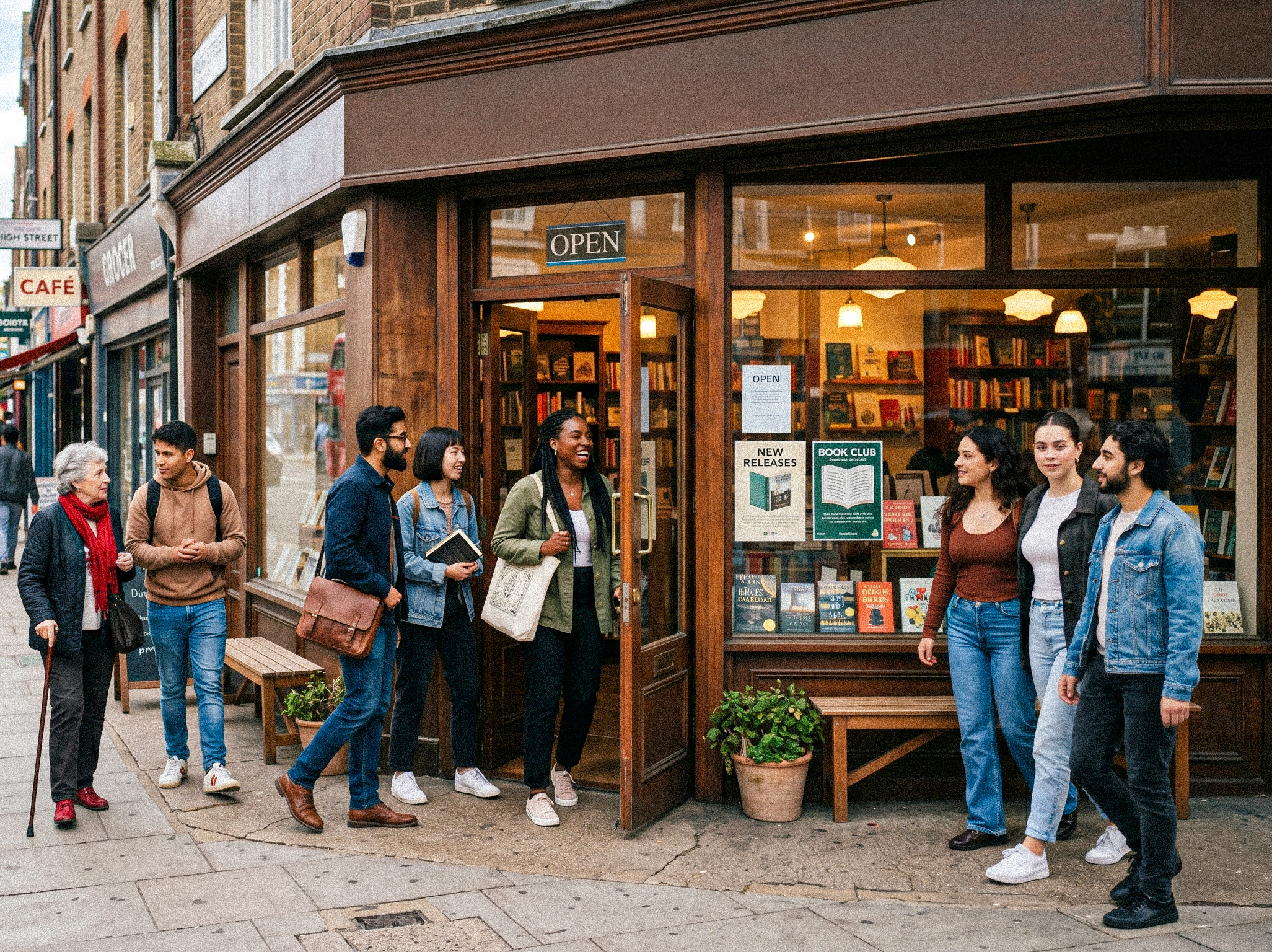 Modern storefront with groups of people walking in and up to it, wearing distinct clothing