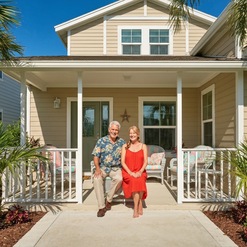 Senior couple outside manufactured home