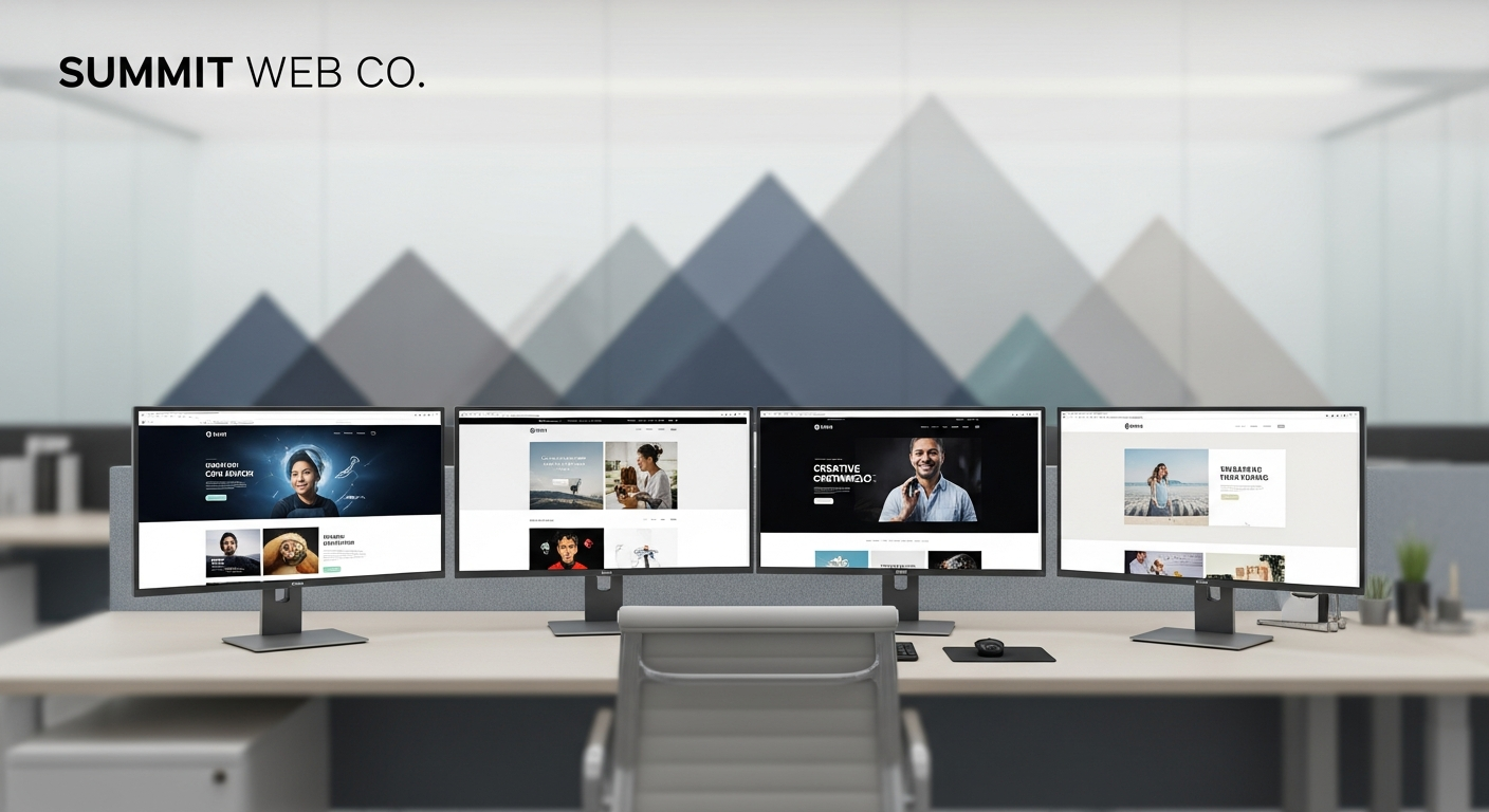 Modern web design workspace with multiple monitors