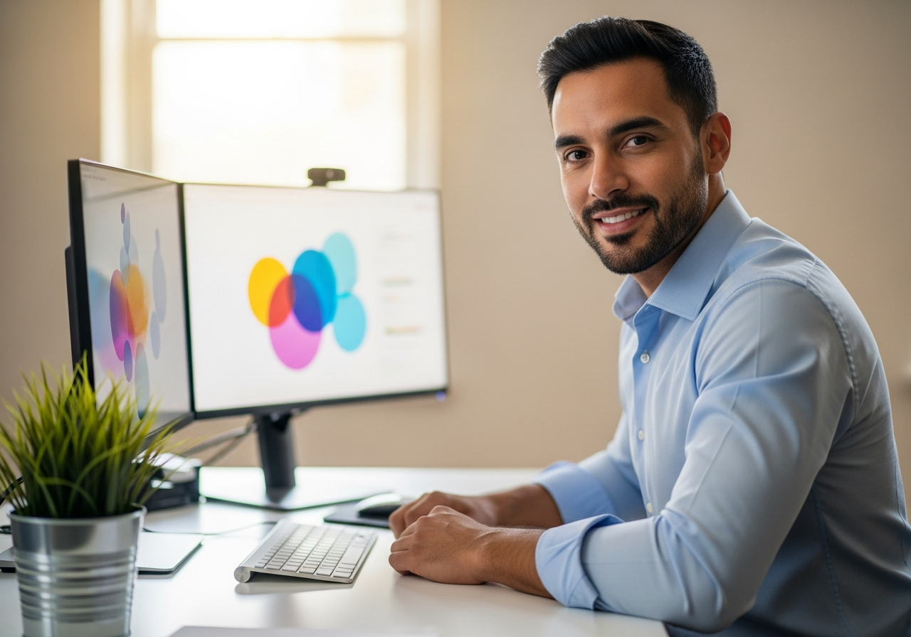 Latin American professional working at a modern office desk