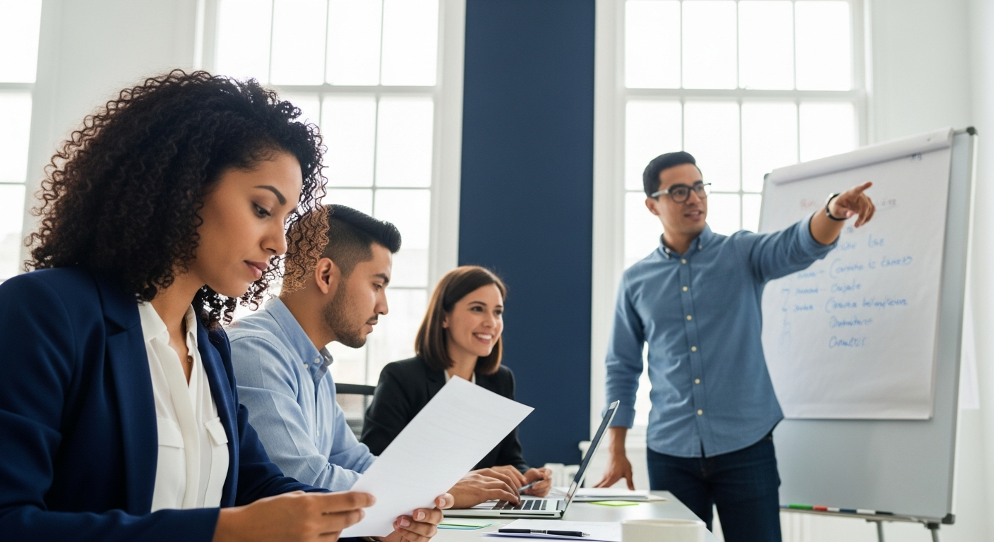 Strivana team of Latin American professionals collaborating in a modern office