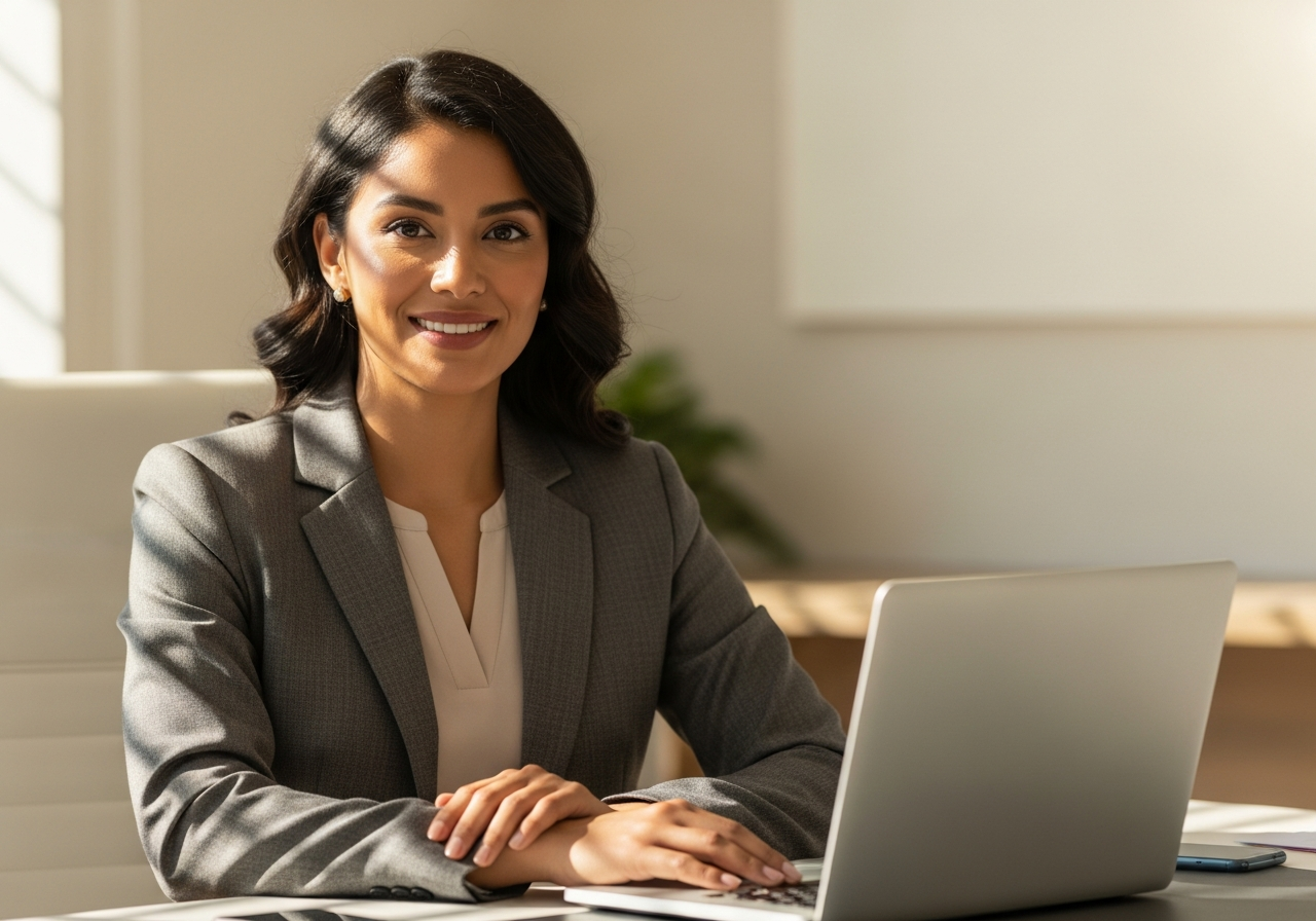 Latina executive assistant smiling at her desk