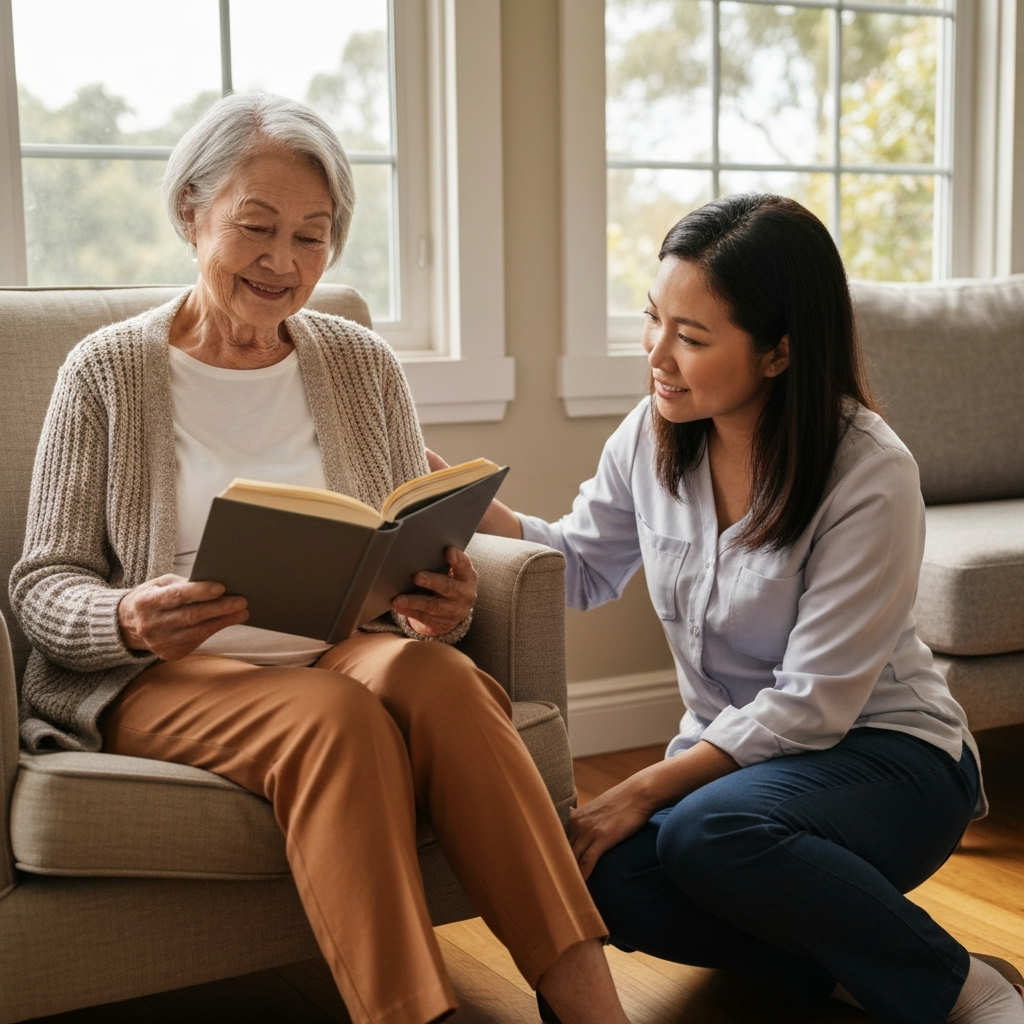 Senior reading with caregiver assistance in Santa Monica
