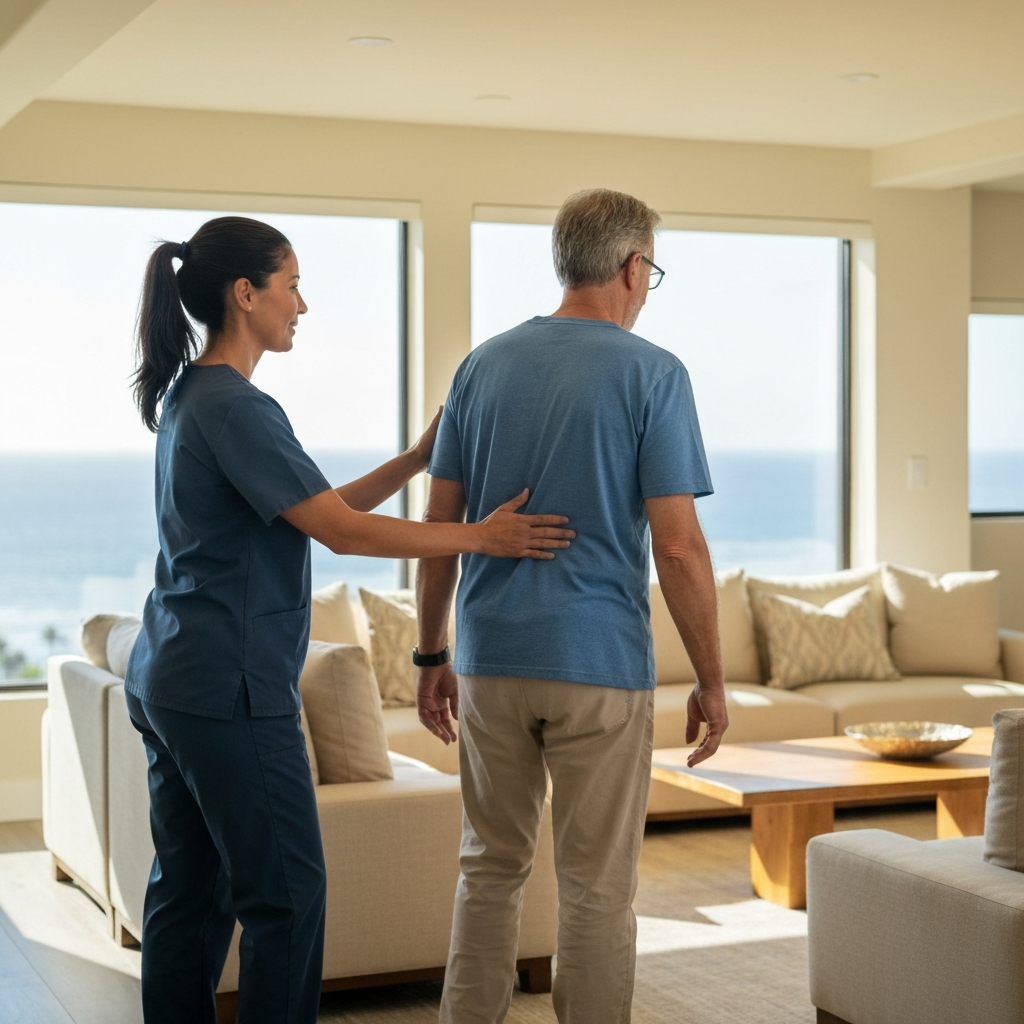 Caregiver helping adult recover after surgery in Newport Beach