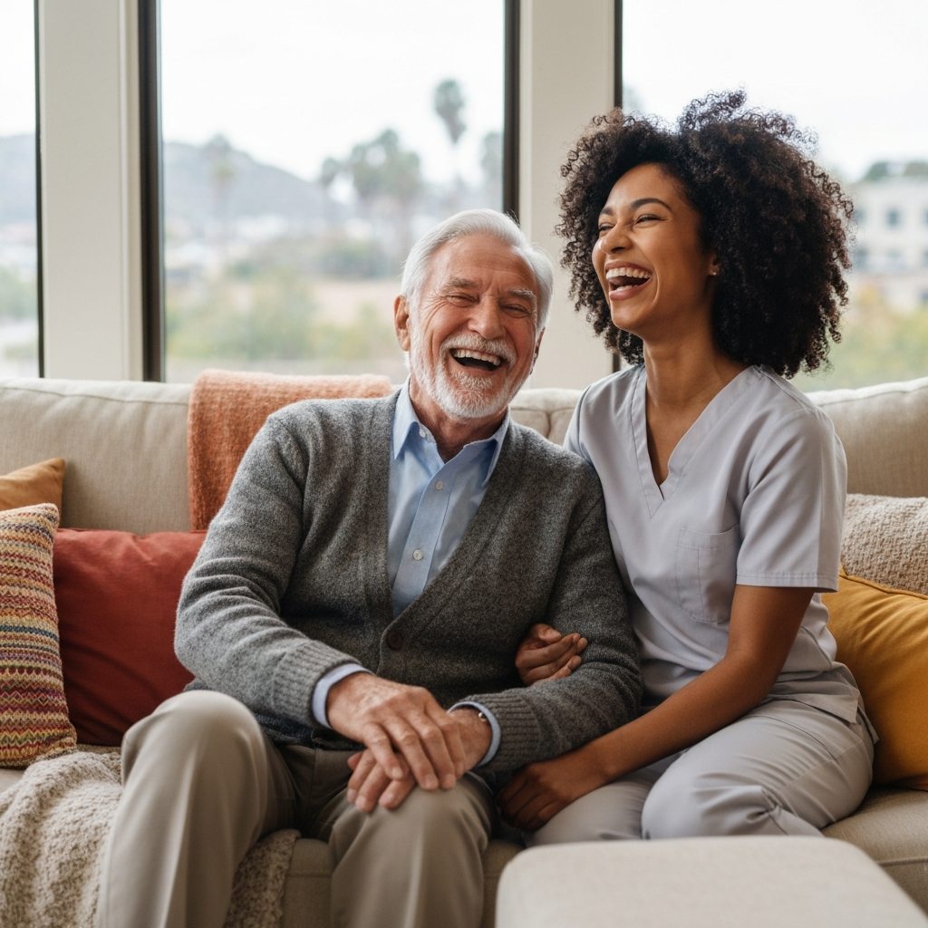 Senior and caregiver laughing together in Los Angeles