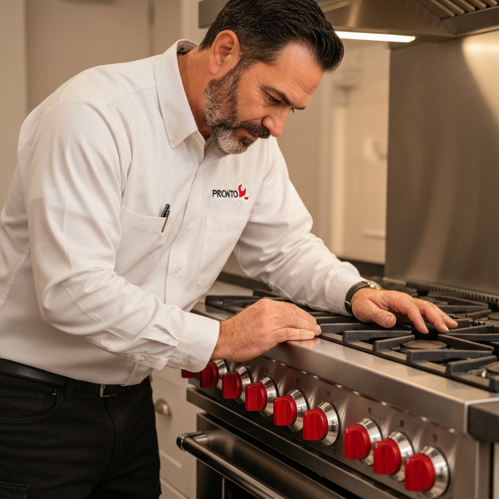 Technician working on a high-end range with red knobs and Pronto logo