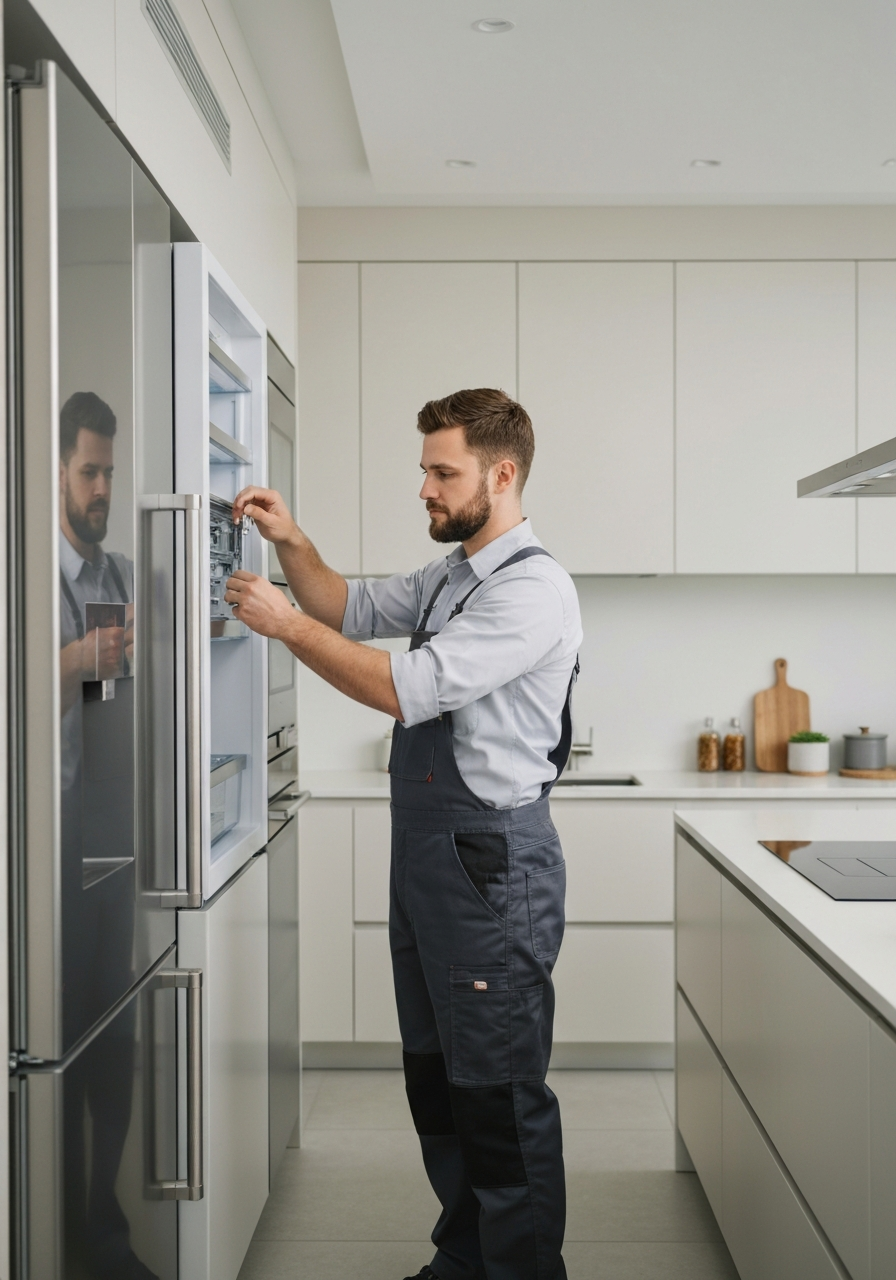 Technician repairing luxury refrigerator
