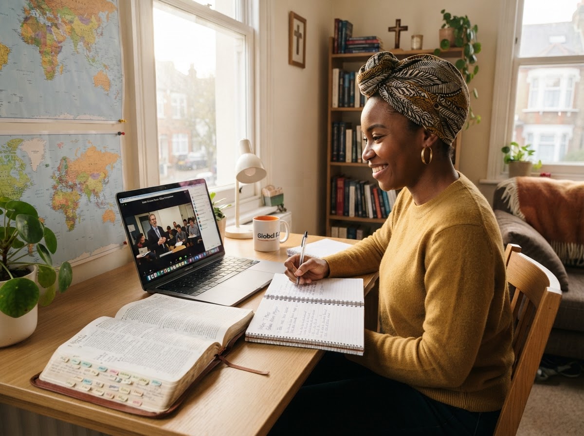 Adult international student studying online at home with a laptop and an open Bible nearby