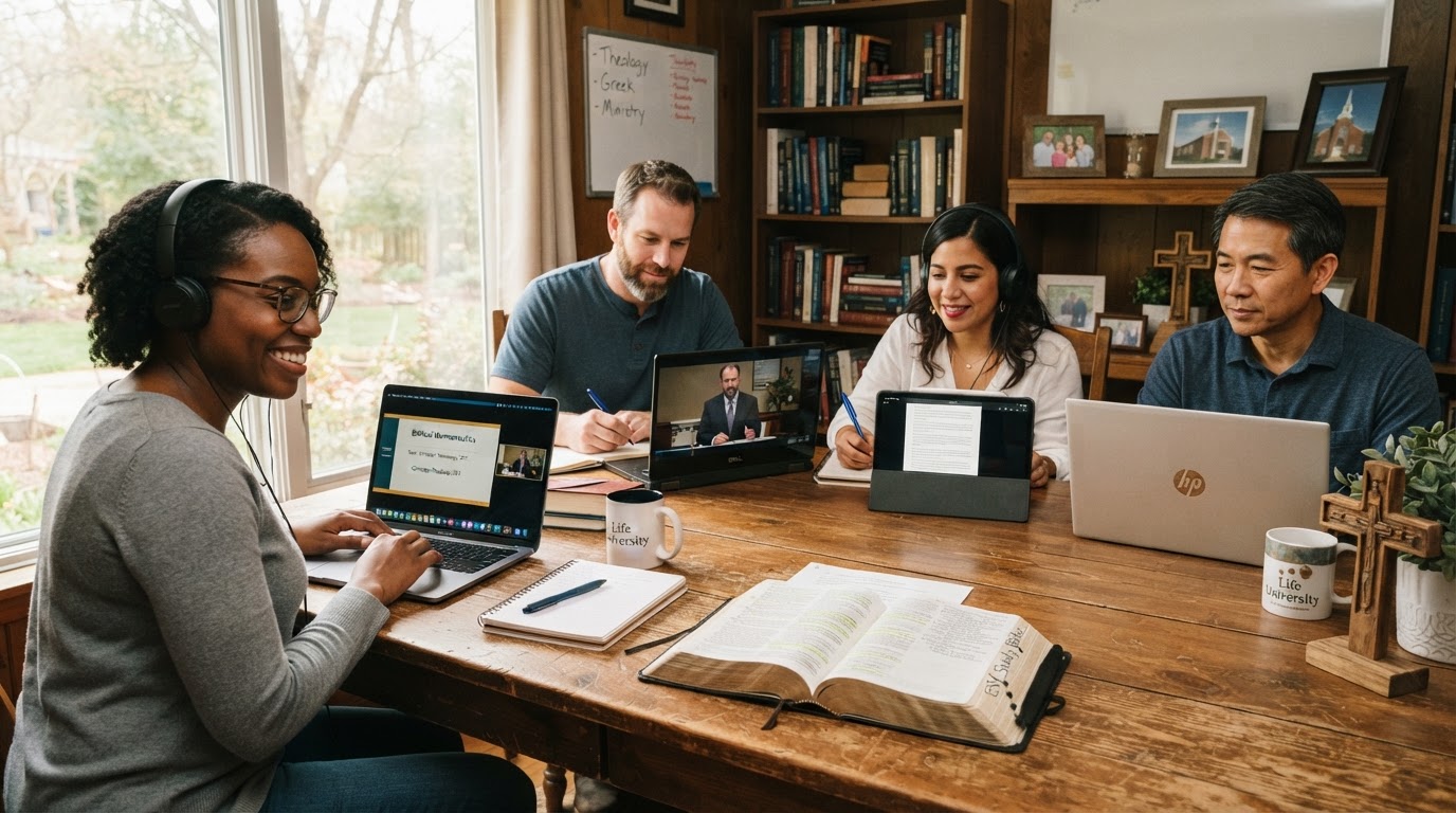 Adult learners studying online at home with laptops and an open Bible nearby