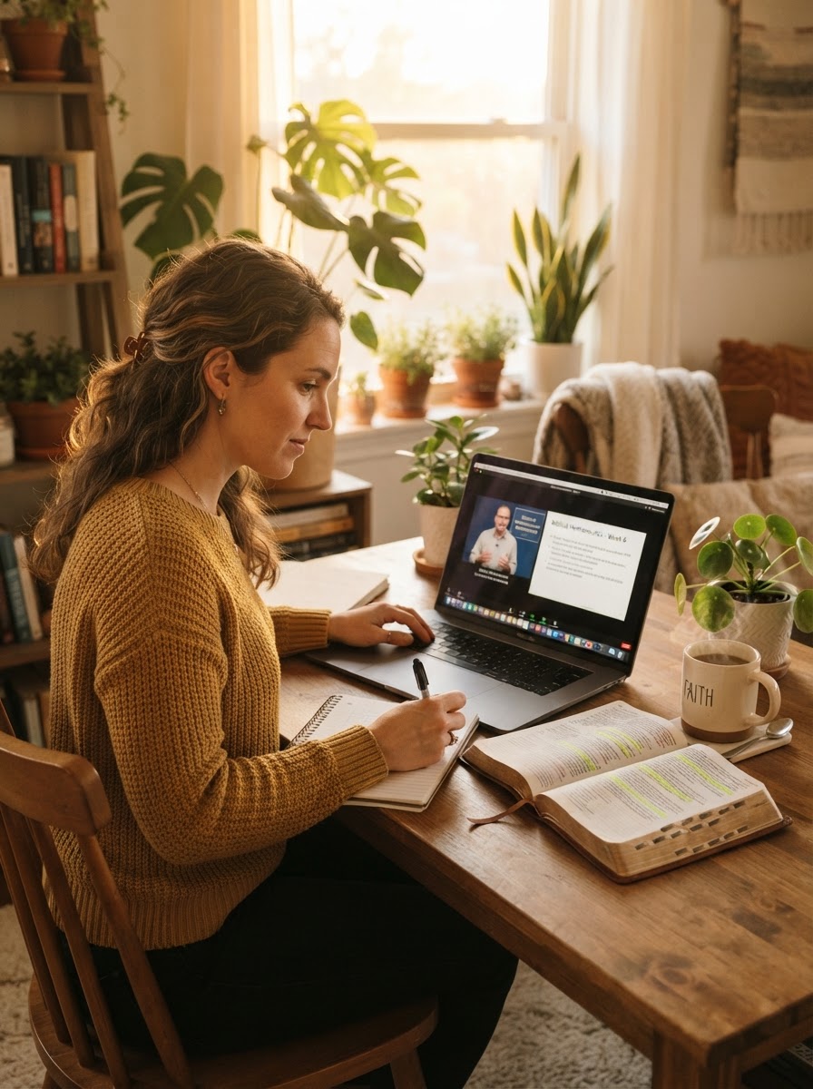 Adult student studying online at home with a laptop, open Bible, and notebook