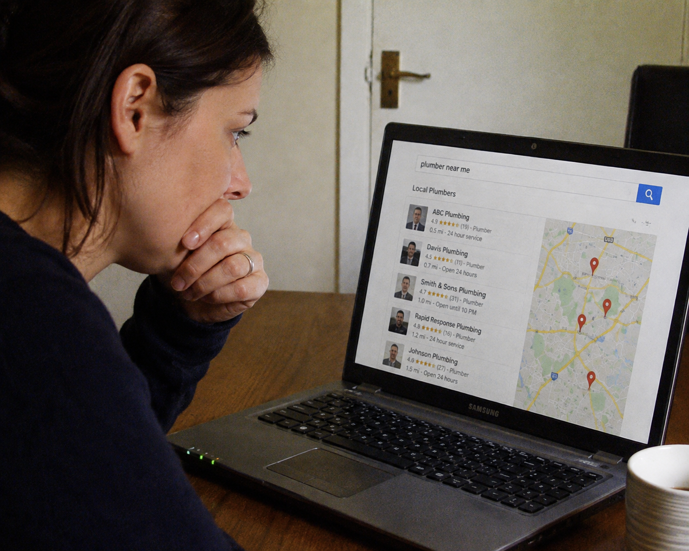 Person searching for plumber near me on laptop