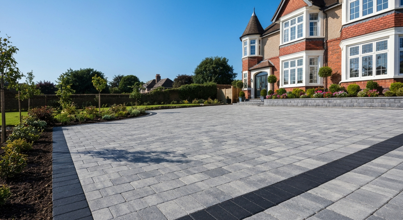 Completed block paving driveway with contrasting border by Pulse Landscaping and Driveways