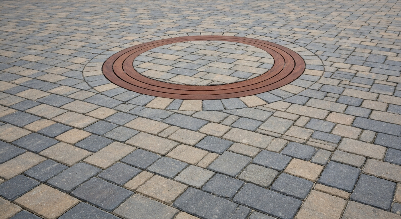 Decorative circle feature panel set into block paving driveway