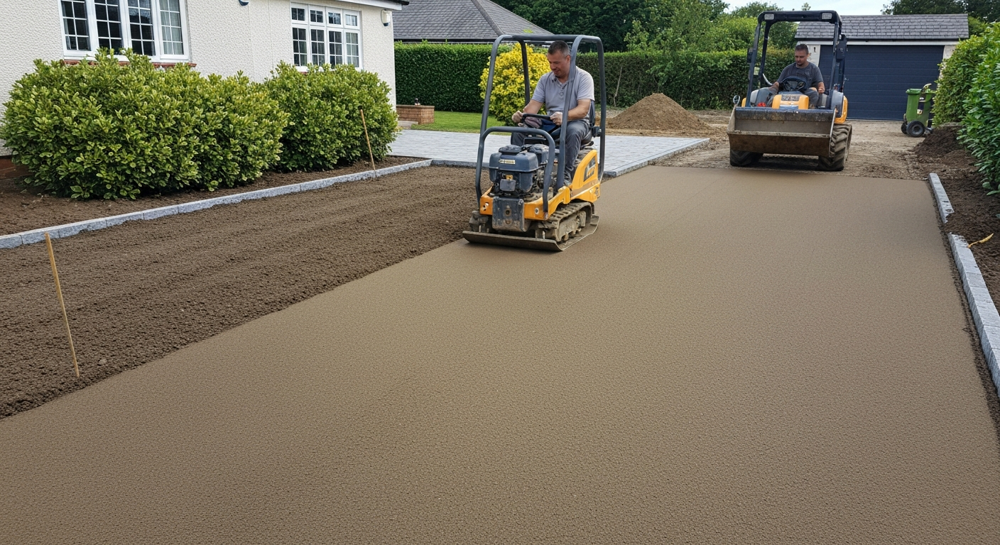 MOT Type 1 sub-base being compacted during block paving driveway installation