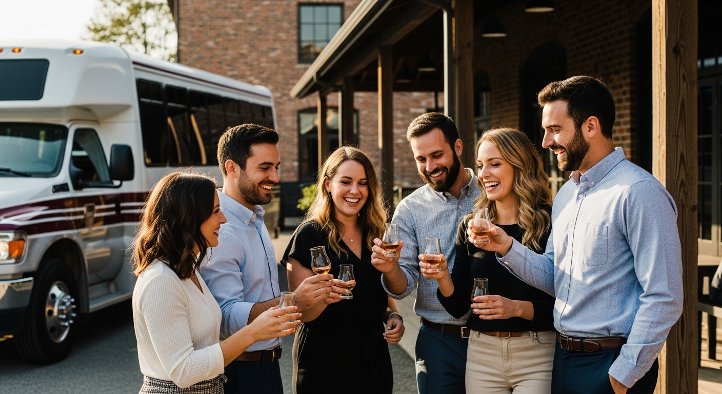 Group of friends arriving at a Kentucky Bourbon Distillery next to a luxury Ford F650 bus