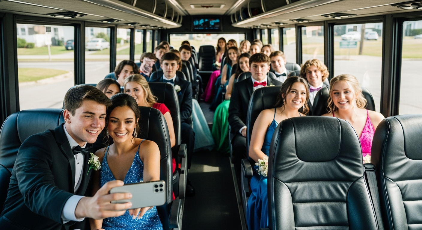 Excited high school couples in formal attire taking a selfie inside the luxury bus