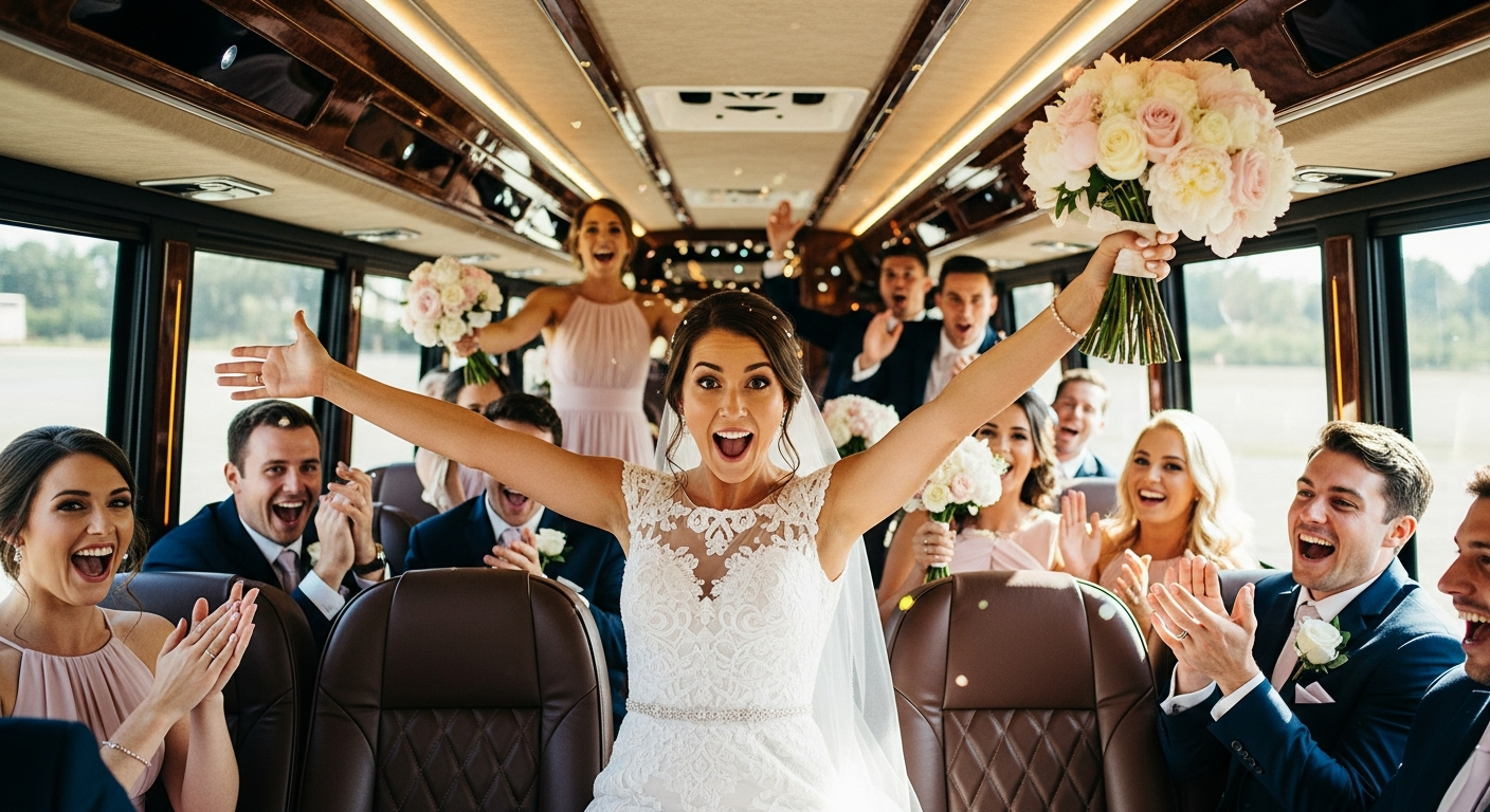 Excited wedding party inside the luxury bus with the bride cheering