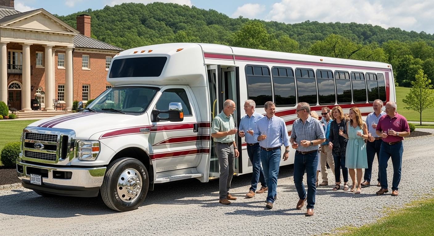 C&C Limousines luxury Ford F650 bus exterior at a Kentucky estate with guests boarding