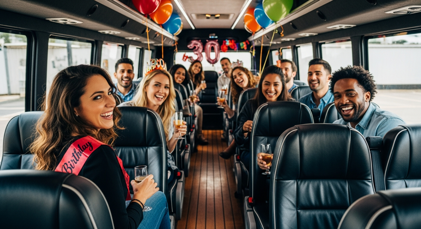 Group celebrating a 30th birthday party inside our luxury bus with forward-facing black leather seats arranged in rows