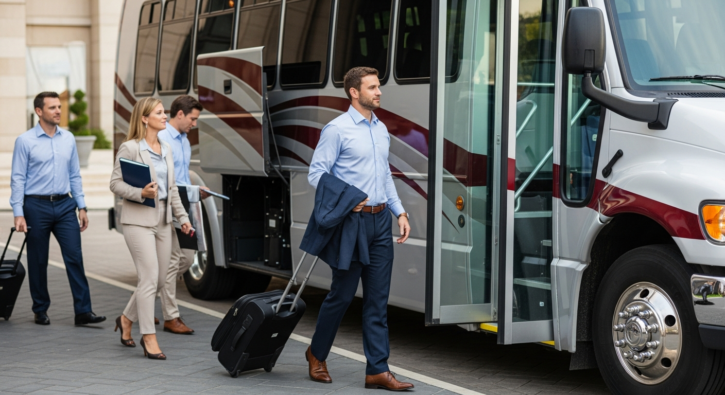 Corporate professionals boarding a luxury shuttle bus outside a high-end hotel
