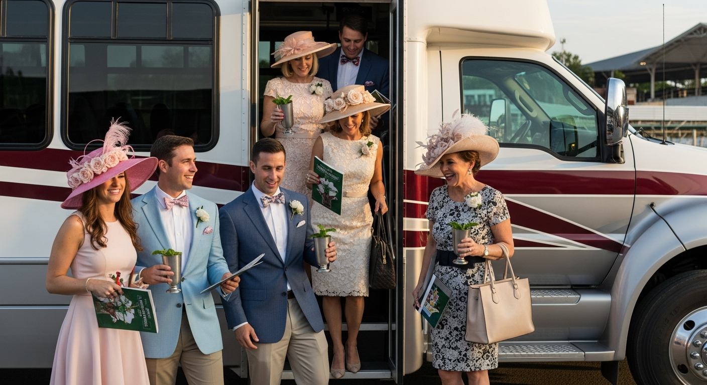 People in elegant Derby attire stepping off the C&C luxury bus