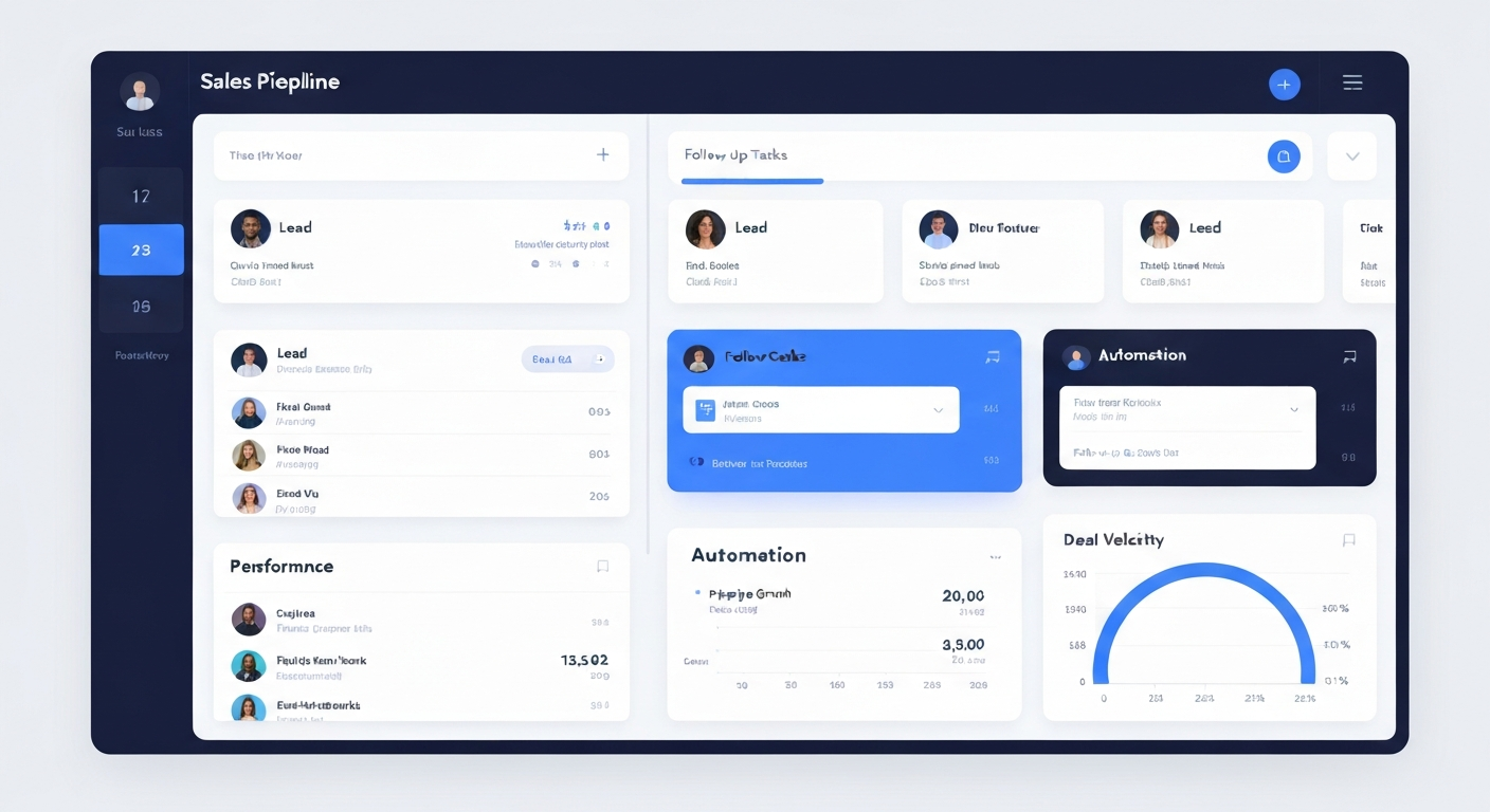 CRM sales dashboard showing pipeline tracking, follow-up tasks, and performance reporting